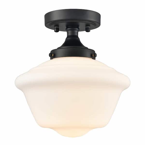 CLAXY 9.8 in. 1-Light Black Modern Semi-Flush Mount with Frosted Glass Shade and No Bulbs Included 1-Pack