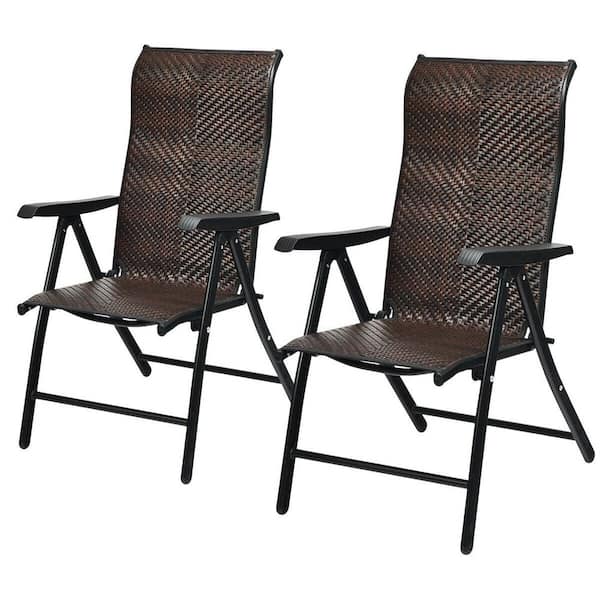 Costway Patio Rattan Folding Chair Recliner Back Adjustable 2 Piece Sets Brown, Portable Patio Lounge Chairs
