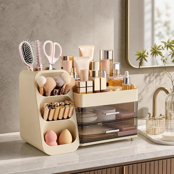 Numhew Large Makeup Organizer with Brush Holder for Lipsticks, Nail Polishes, Perfumes, Eyeshadow Palettes, Beige