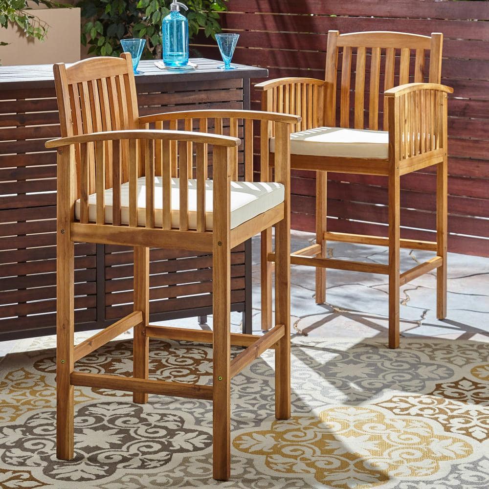 Natural Acacia Wood Outdoor Barstools with Cream Cushions
