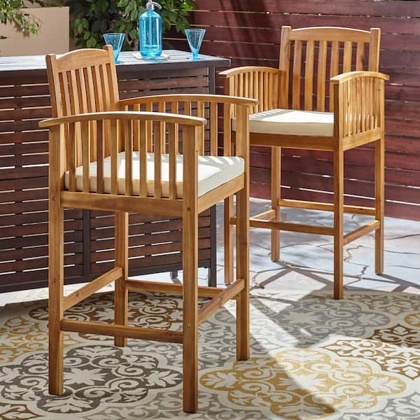 Noble House Casa Natural Wood Outdoor Bar Stool with Cream Cushion (2-Pack)