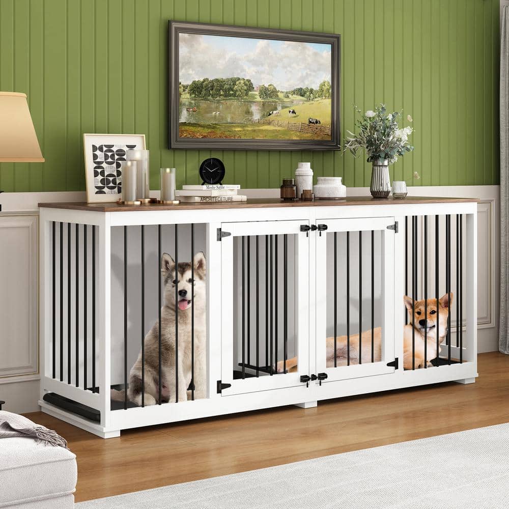 White and Brown Large Wooden Double Dog Crate Furniture