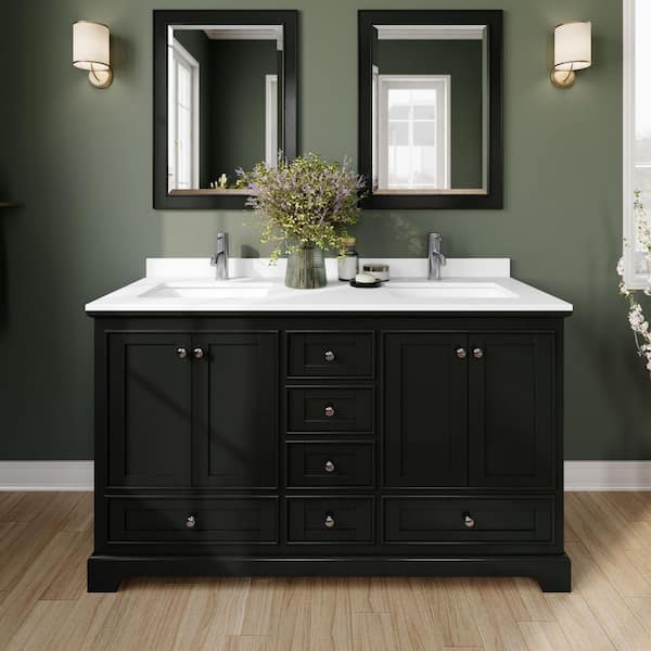 Wyndham Collection Deborah 60 in. W x 22 in. D Double Vanity in Dark Espresso with Cultured Marble Vanity Top in White with Basins & Mirror