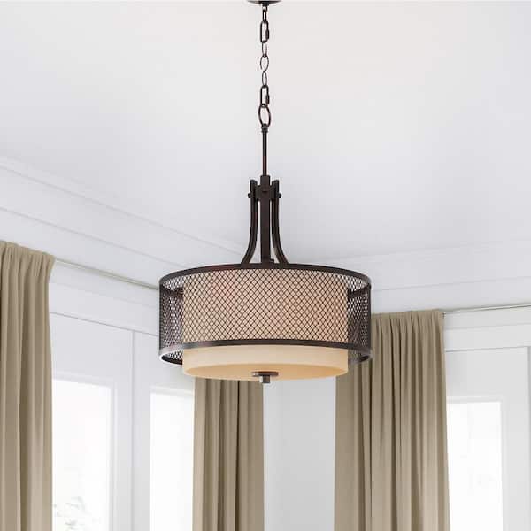Home Decorators Collection Summit Collection 3-Light Bronze Mesh Pendant with Inner Cream Fabric Shade