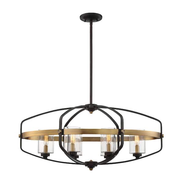 Kirkland 32 in. W x 20.75 in. H 6-Light English Bronze and Warm Brass Linear Chandelier with Clear Glass Shades