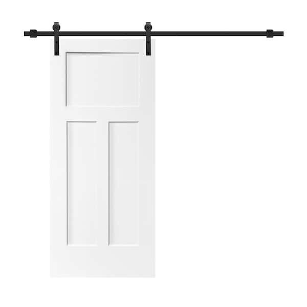 CALHOME 30 in. x 80 in. White Primed MDF 3 Panel Interior Sliding Barn Door with Hardware Kit