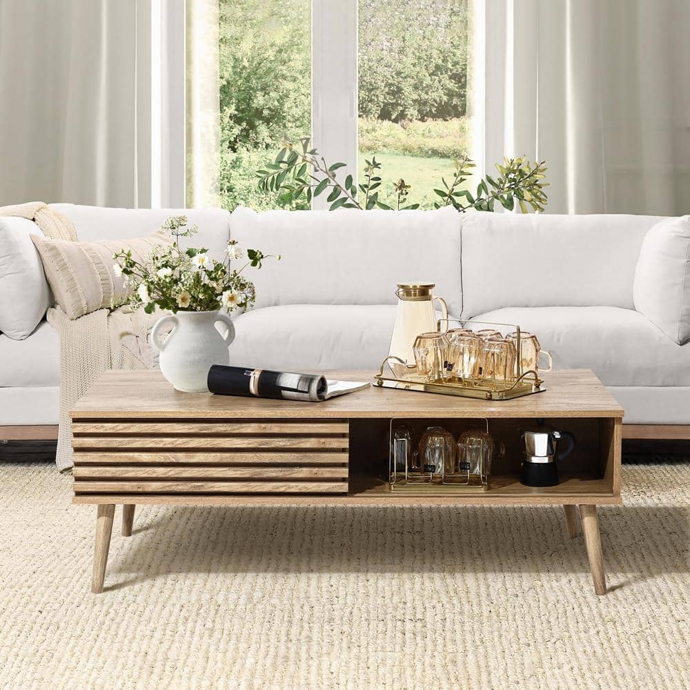Mid-Century Modern Light Brown Wood Coffee Table with Storage
