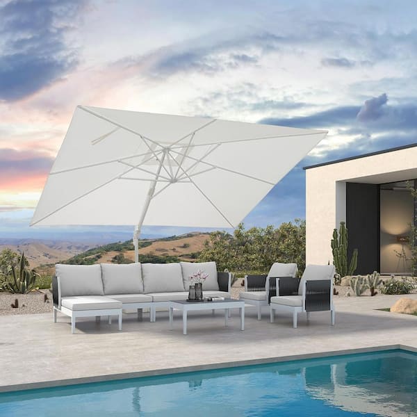10 ft. x 13 ft. Outdoor Patio Cantilever Umbrella White Aluminum Offset 360° Rotation Umbrella with Base, White