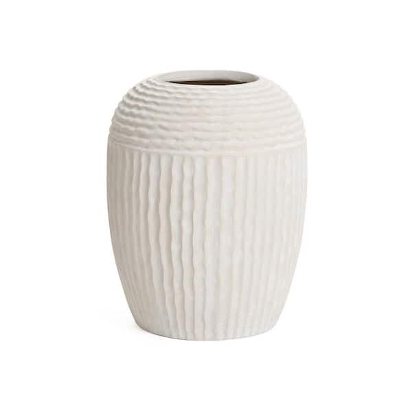 15.16 in. Tall Beige Ribbed MgO Composite Round Vase