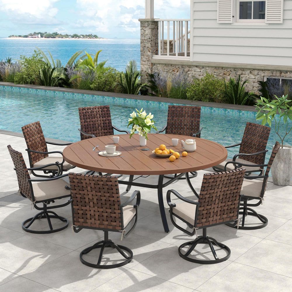 9-Piece Metal Outdoor Dining Set with 63 in. Walnut Round Dining Table and 8 Wicker Swivel Chairs with Beige Cushions
