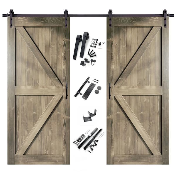HOMACER 54 in. x 84 in. K-Frame Classic Gray Double Pine Wood Interior Sliding Barn Door with Hardware Kit, Non-Bypass