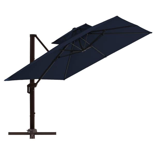 PASAMIC 10 ft. Double Top Aluminum Patio Offset Umbrella Square Cantilever Umbrella Recycled Fabric and 360°Rotation in NavyBlue