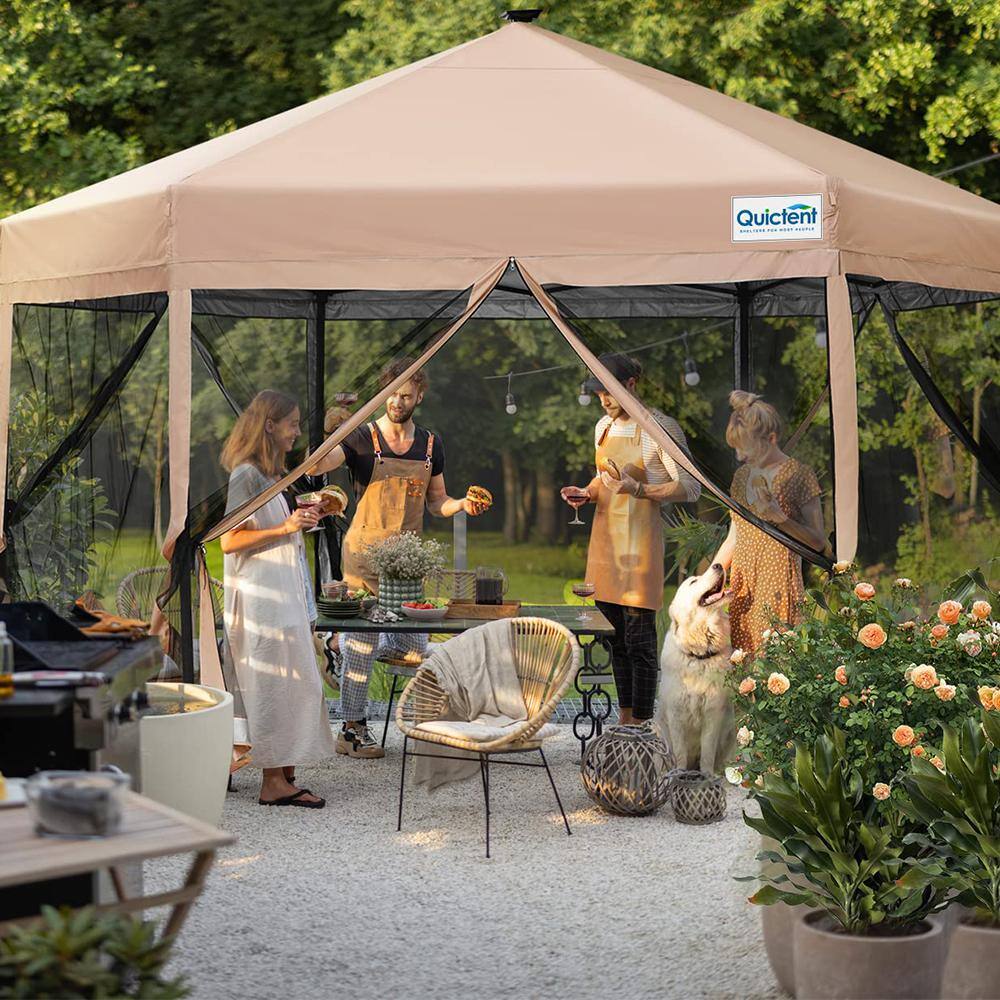 Beige 13' x 13' Metal Pop-Up Gazebo with Mosquito Netting