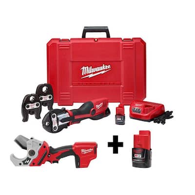 M12 12-Volt Lithium-Ion Force Logic Cordless Press Tool Kit (3 Jaws Included) with M12 PVC Pipe Shear and Extra Battery