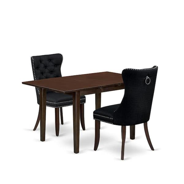 East West Furniture 3-Piece Mahogany Finish Rectangular Solid Wood Top with Butterfly Leaf Dining Table Set