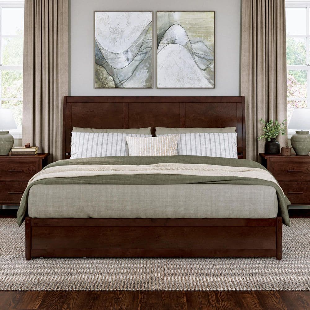 Walnut King Platform Bed with Storage Drawers and Wood Headboard