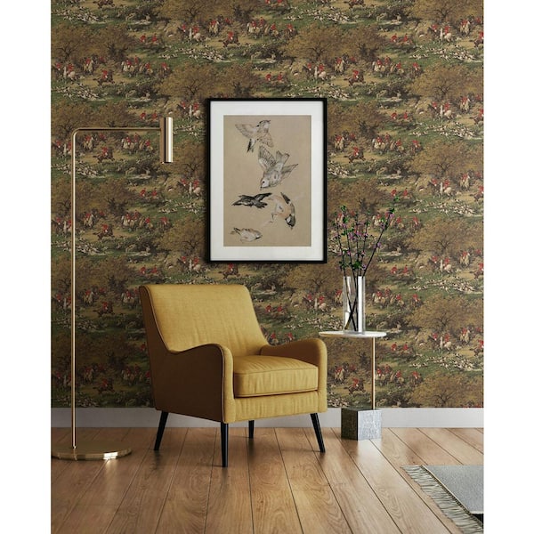 30.75 sq. ft. Chestnut & Rosemary Taunton Hunt Scene Vinyl Peel and Stick Wallpaper Roll