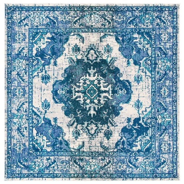 Monaco 3 ft. x 3 ft. Square Ivory/Blue Distressed Border Medallion Area Rug