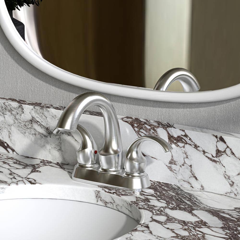 Brushed Nickel 4-Inch Centerset Double Handle Bathroom Faucet with Pop-Up Drain