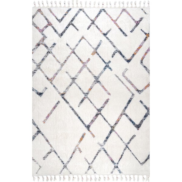 nuLOOM Kirra High-Low Abstract Tassel Beige 8 ft. 10 in. x 12 ft. Indoor Area Rug