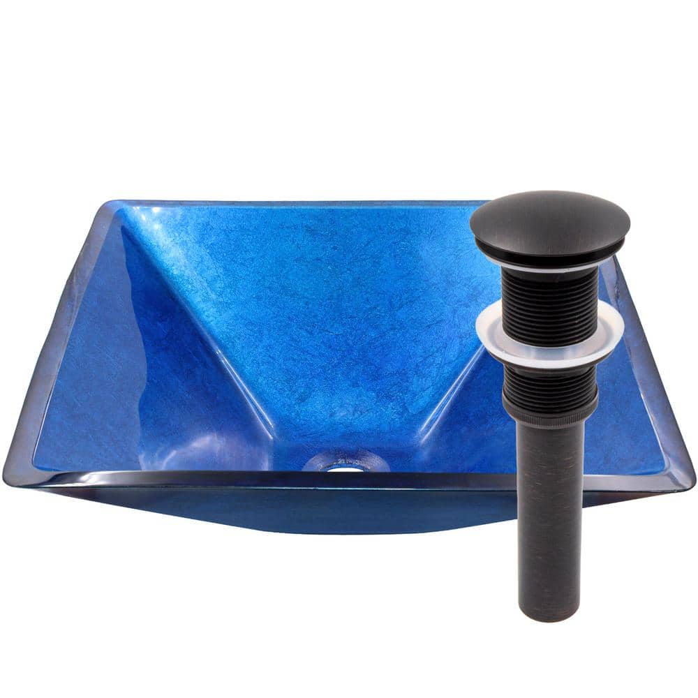 Novatto Verdazzurro Bright Blue Glass Square Vessel Sink with Drain in