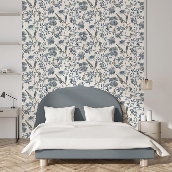 Botanical Blueprint Painterly Branches Blue with Ecru Cream Ground Wallpaper