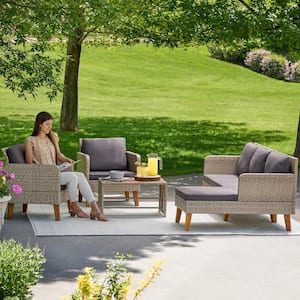 Chloe Greige 4-Piece Wicker Patio Sectional Seating Set with Gray Cushions