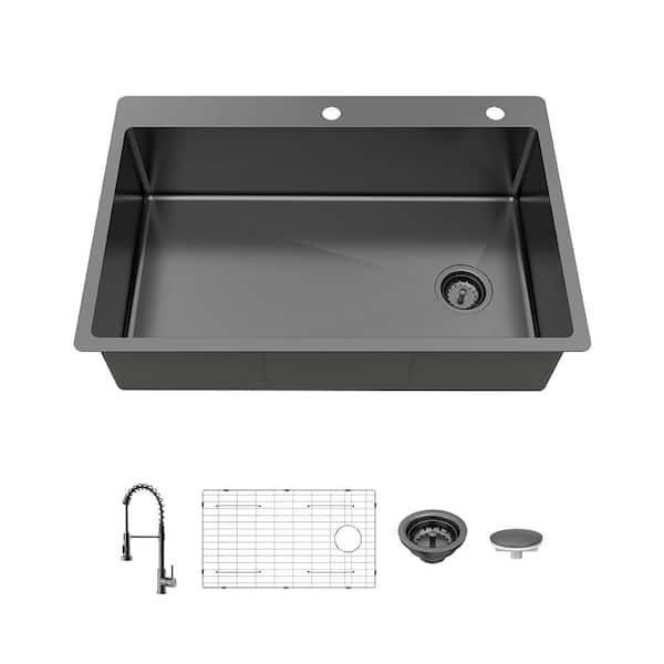 33 in. Drop-In Single Bowl 18-Gauge Gunmetal Black Stainless Steel Kitchen Sink with Spring Neck Faucet