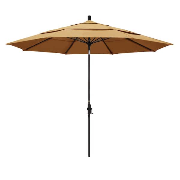 California Umbrella 11 ft. Bronze Aluminum Pole Market Fiberglass Ribs Collar Tilt Crank Lift Outdoor Patio Umbrella in Wheat Sunbrella