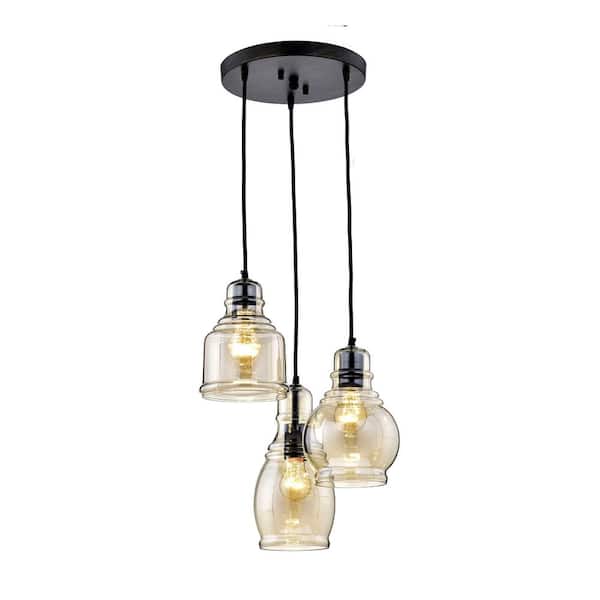 Carol 16 in. Dia Antique Black Cognac Glass 3-Light Cluster Pendant Light
