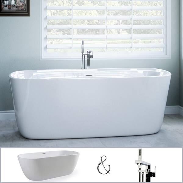 PELHAM & WHITE Bayberry 63 in. Acrylic Oval Freestanding Bathtub in White, Floor-Mount Square-Post Faucet in Polished Chrome