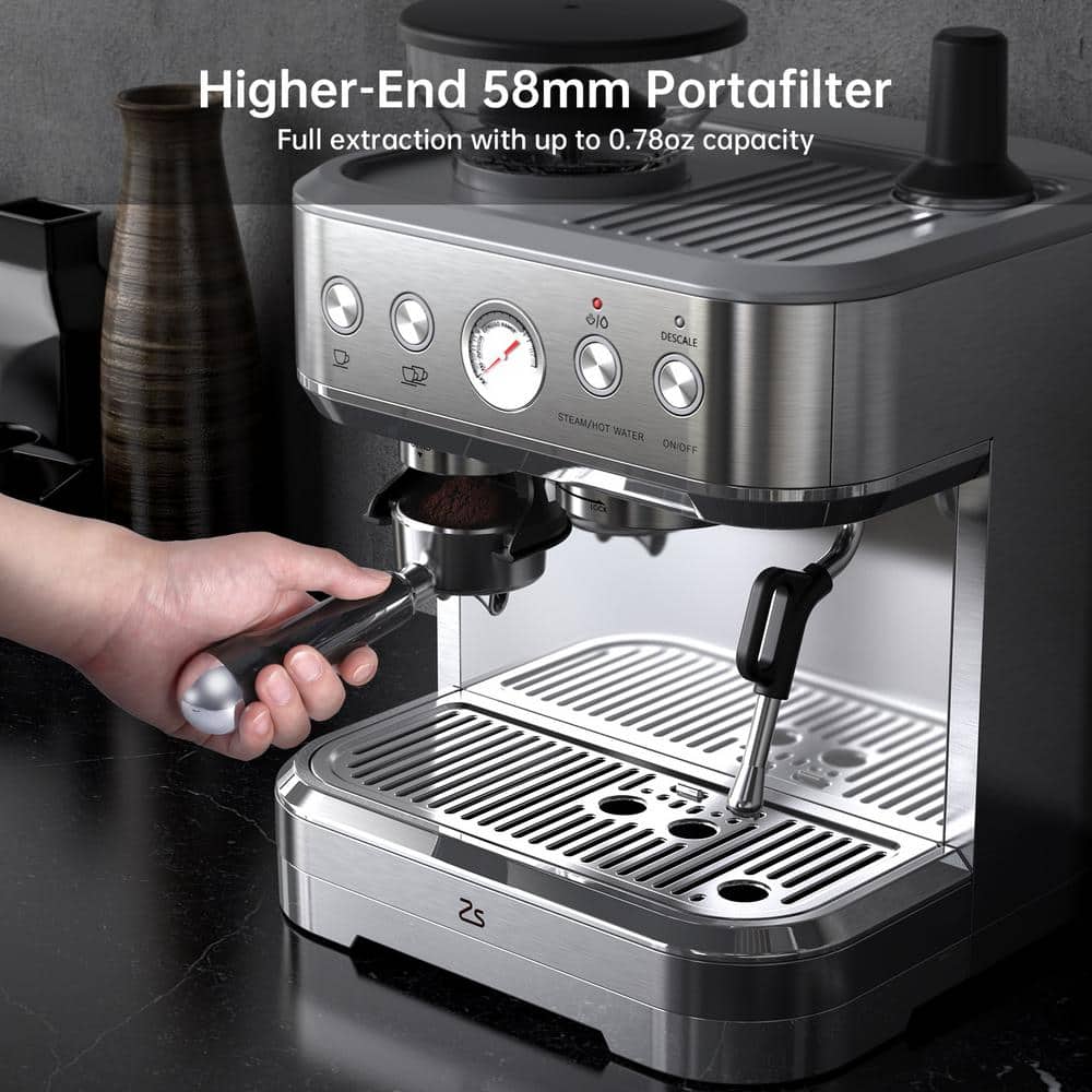2 Cups 15 Bar Silver Semi-Automatic Espresso Machine Coffee Maker with Grinder and Milk Steamer - Thumbnail 2