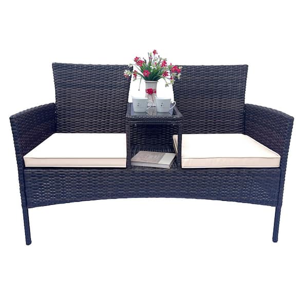 maocao hoom Brown Meal and Wicker Patio Conversation Set with Beige Cushion and Table, Tempered Glass Top