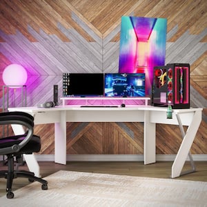Xtreme, 93 in. W, L Shaped, White, Particle Board and Metal Gam in.g Desk with Riser and LED Light Kit