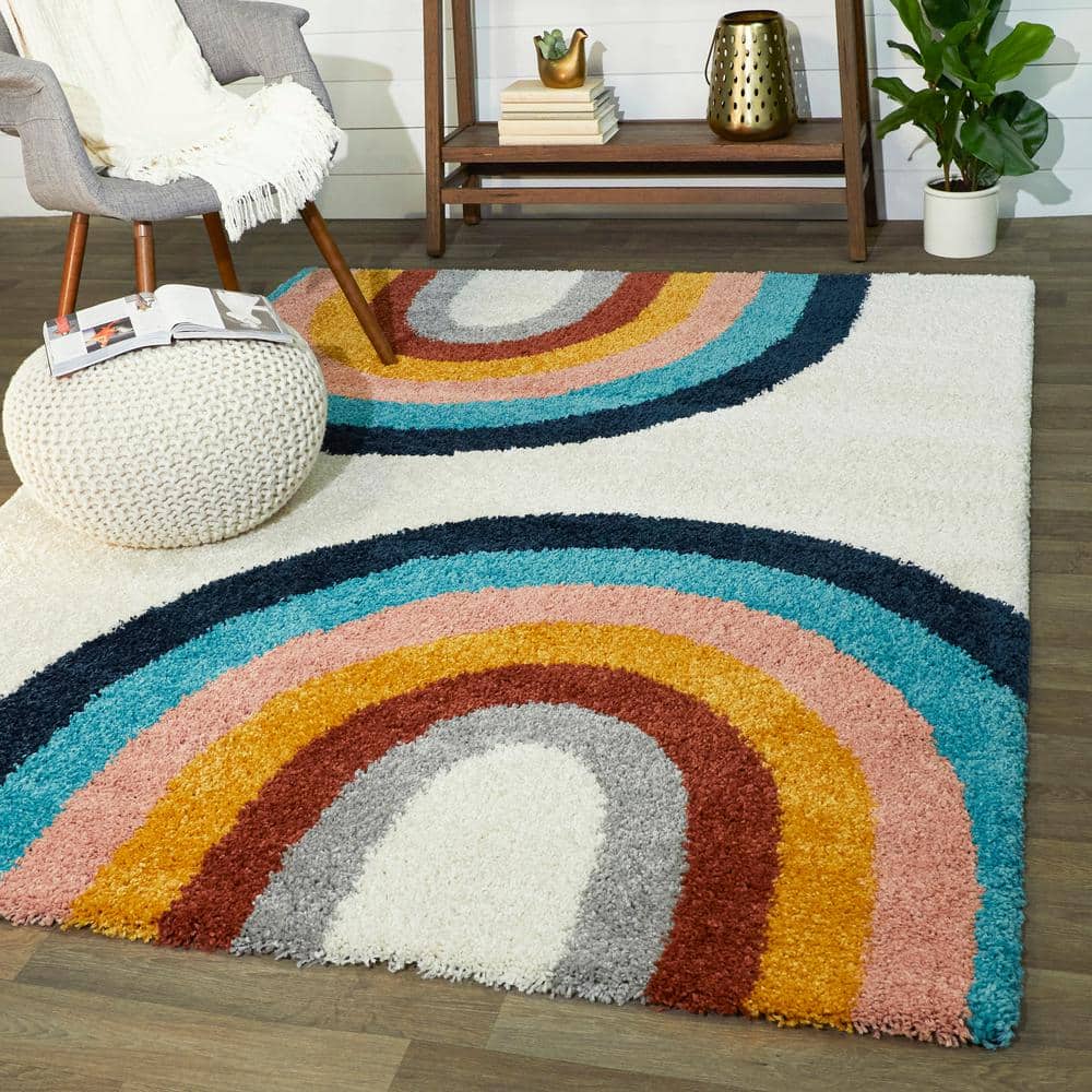 Colorful Rainbow Shag Kids Rug in Red and Cream, 5' x 7'