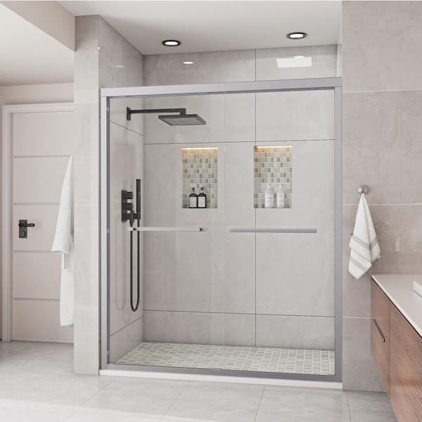 50 in. 54 in. W x 72 in. H Double Sliding Framed Shower Door w/ Nano Coated Easy Clean Tempered Glass in Brushed Nichel