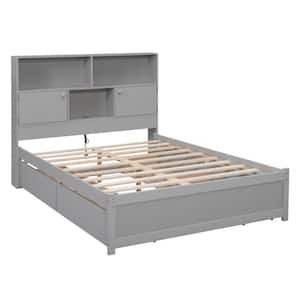 Gray Wood Frame Full Size Platform Bed with Storage Headboard, Charging Station and 4-Drawers