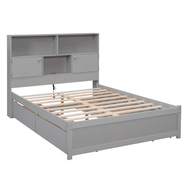 Nestfair Gray Wood Frame Full Size Platform Bed with Storage Headboard, Charging Station and 4-Drawers