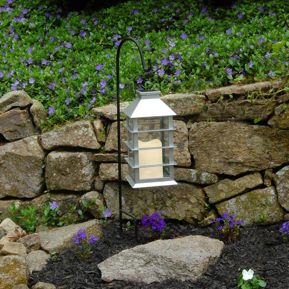Silver Hanging Solar LED Candle Lantern with Glass Panels