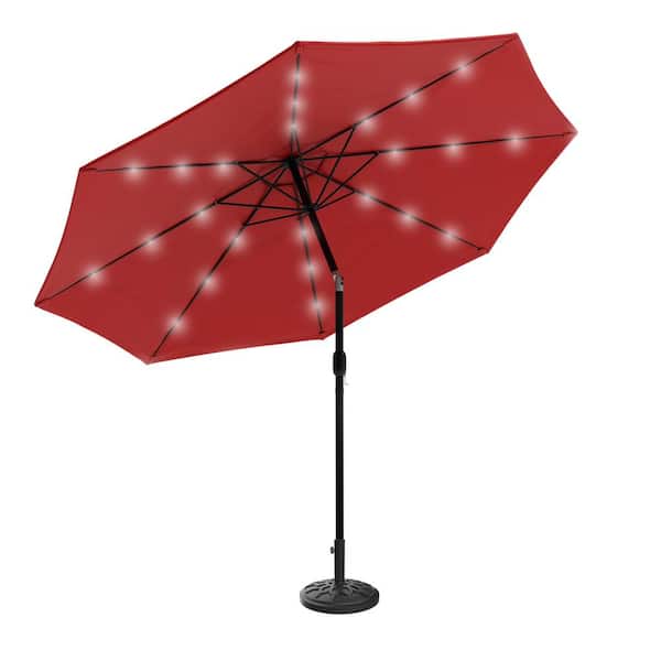 Pure Garden 10 ft. Aluminum Solar LED Lighted Patio Market Umbrella with Auto Tilt and Base in Red