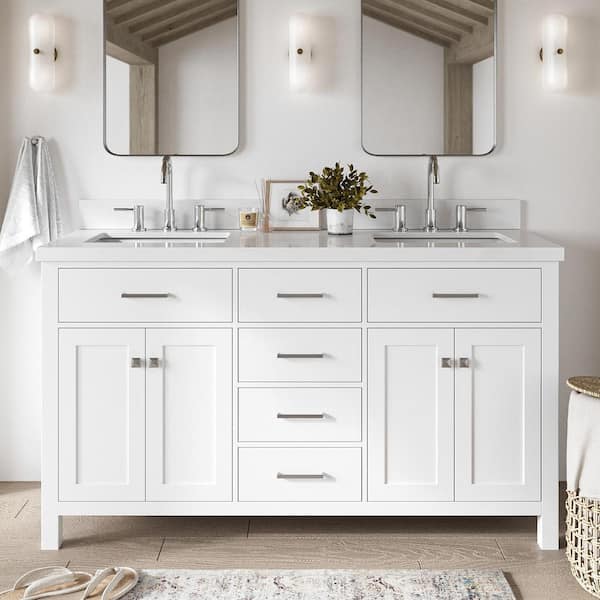 ARIEL Bristol 61 in. W x 22 in. D x 36 in. H Double Freestanding Bath Vanity in White with Pure White Quartz Top