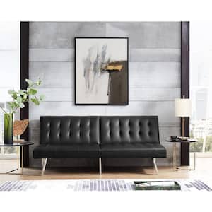 68.5 in W Black Tufted Split Back Futon Sofa Bed, Linen Couch Bed, 3-Seat Futon Convertible Sofa Bed