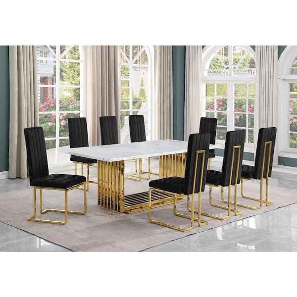 Best Quality Furniture Lisa 9-Piece Rectangle White Marble Top Gold Stainless Steel Dining Set With 8-Black Velvet Gold Chrome Iron Chairs