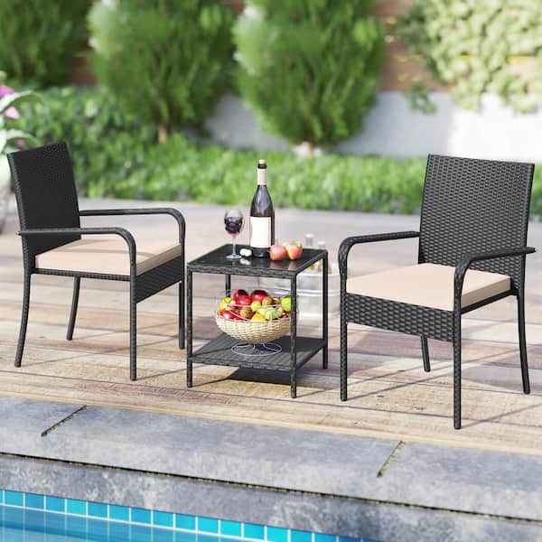 3 Piece Patio Furniture Set with 2-Tier Table Tempered Glass Tabletop and Soft Cushions Brown