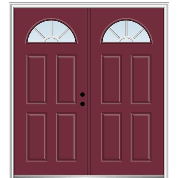 MMI Door 64 in. x 80 in. White Internal Grilles Left-Hand Inswing Fan Lite Clear Glass 4-Panel Painted Steel Prehung Front Door
