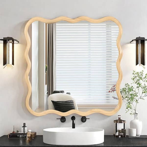 Blisstyle Natural Wood 35.8 in W x 35.8 in. H Art Deco Irregular Solid Wood Framed Mirror Wall Mirror Wall Decor Mirror