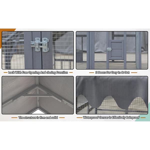 10 ft. W x 8 ft. D Outdoor Wooden Chicken Coop with Metal Fence, Upgrade Waterproof Cover, Grey
