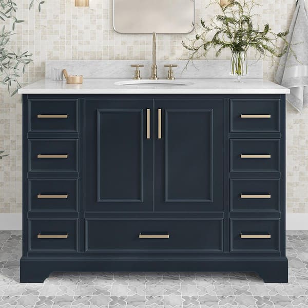 ARIEL Stafford 49 in. W x 22 in. D x 35.25 in. H Single Sink Bath Vanity in Midnight Blue with Carrara White Marble Top