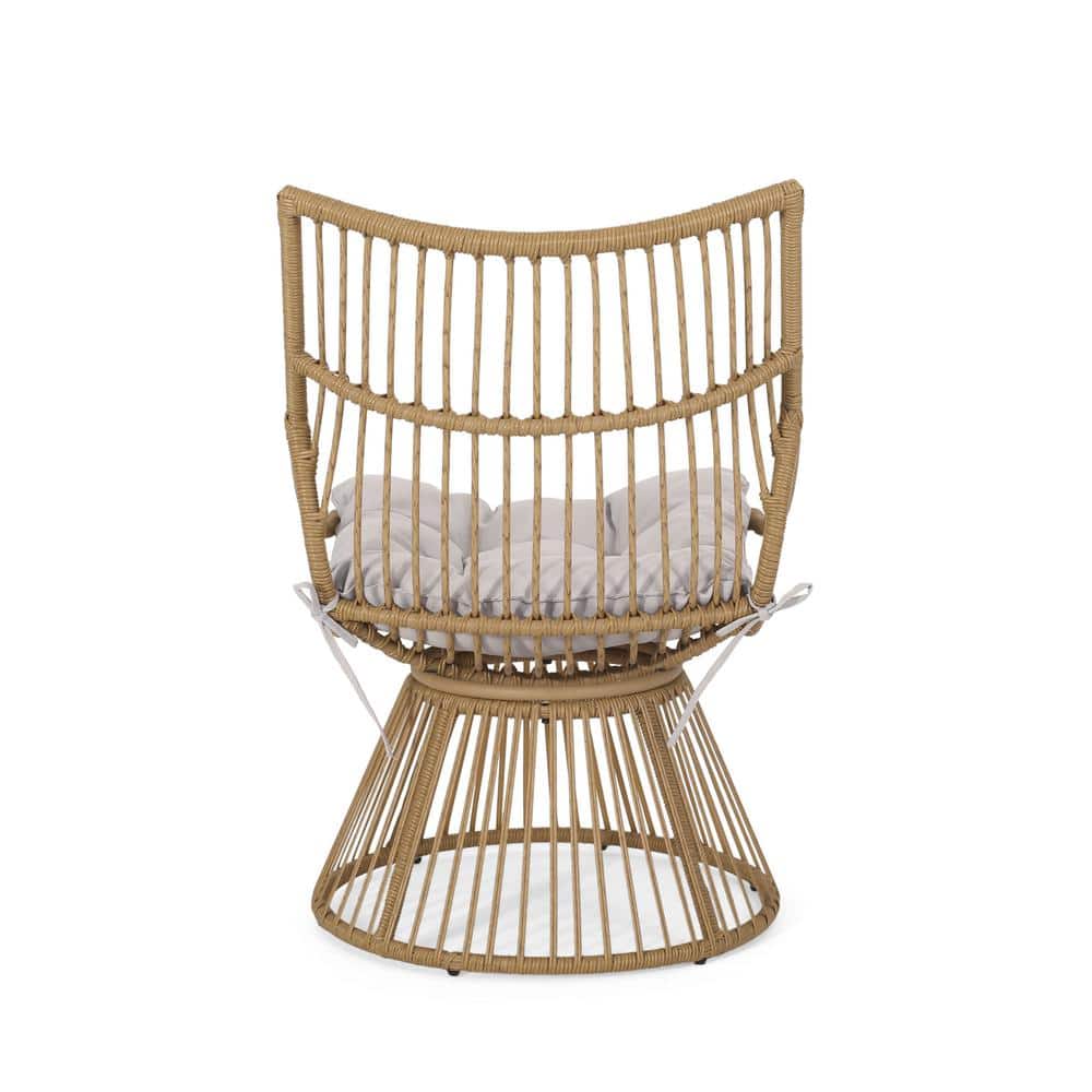 Set of 2 Beige Cushioned Light Brown Iron Wicker Lounge Chairs