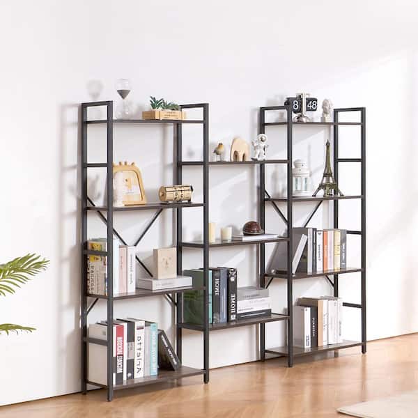 VEVOR Triple Metal Bookshelf, 11-Tier Industrial Bookshelf, Large Rustic Vintage Storage Bookcase, Shelves, Freestanding Brown
